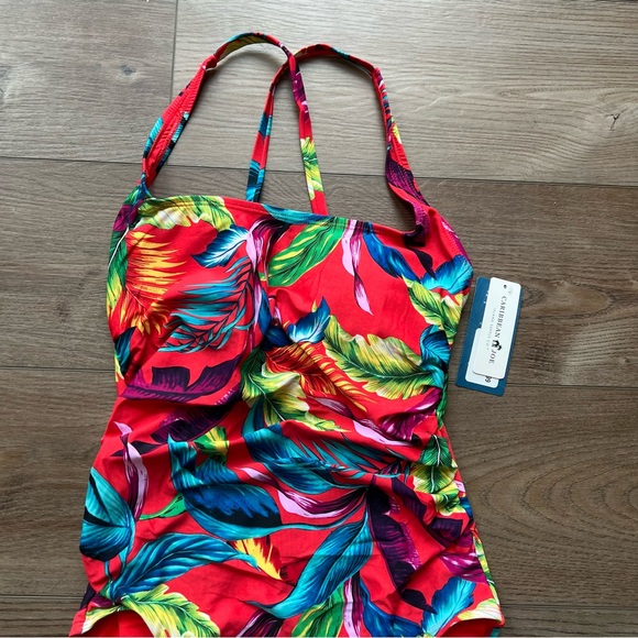 Caribbean Joe Women's Shirred One-Piece Swimsuit Floral Multicolor - Picture 2 of 7